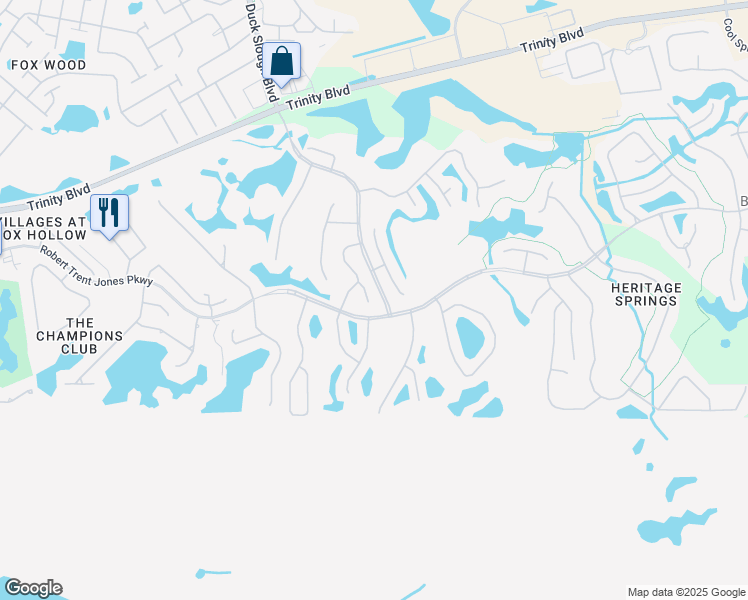 map of restaurants, bars, coffee shops, grocery stores, and more near 1249 Eveningside Court in Trinity