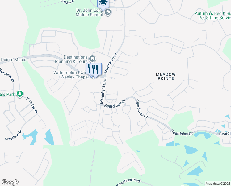 map of restaurants, bars, coffee shops, grocery stores, and more near 1427 Sedgwick Drive in Wesley Chapel