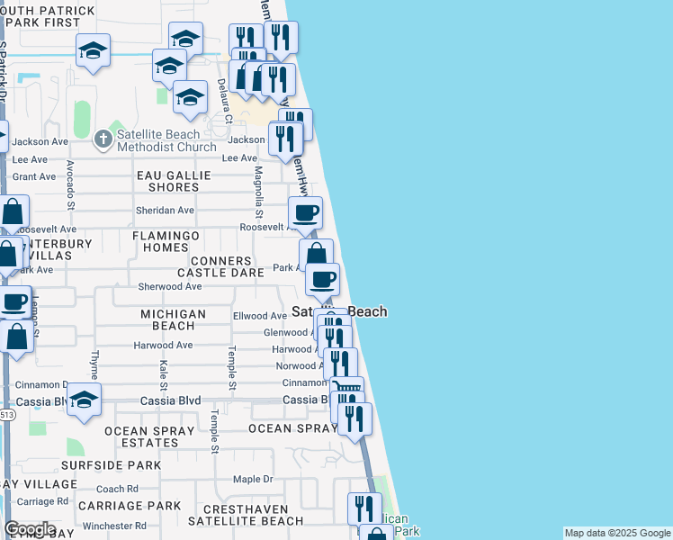 map of restaurants, bars, coffee shops, grocery stores, and more near 1255 Florida A1A in Satellite Beach