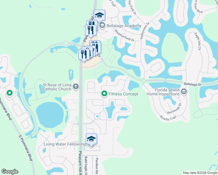 map of restaurants, bars, coffee shops, grocery stores, and more near 3140 Silver Fin Way in Kissimmee