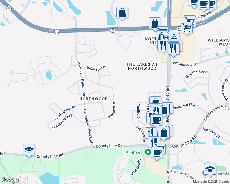 map of restaurants, bars, coffee shops, grocery stores, and more near 27634 Breakers Drive in Wesley Chapel