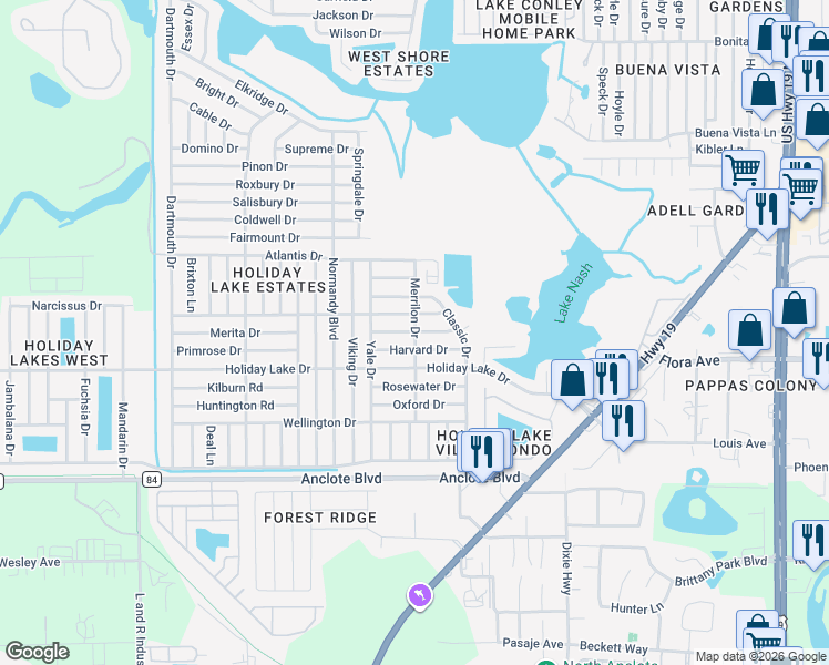 map of restaurants, bars, coffee shops, grocery stores, and more near 3598 Dickens Drive in Holiday