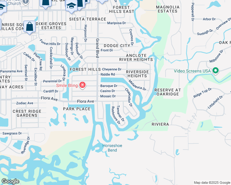 map of restaurants, bars, coffee shops, grocery stores, and more near 5630 Casino Drive in Holiday