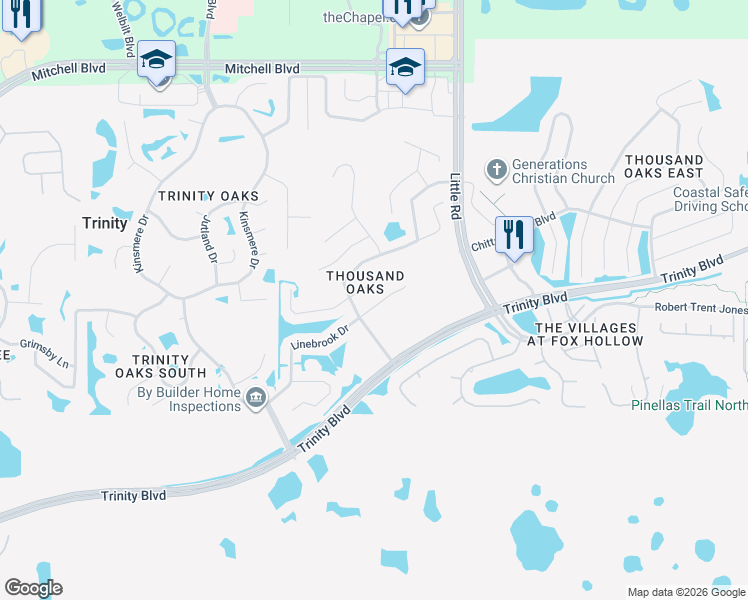 map of restaurants, bars, coffee shops, grocery stores, and more near 8819 Linebrook Drive in Trinity