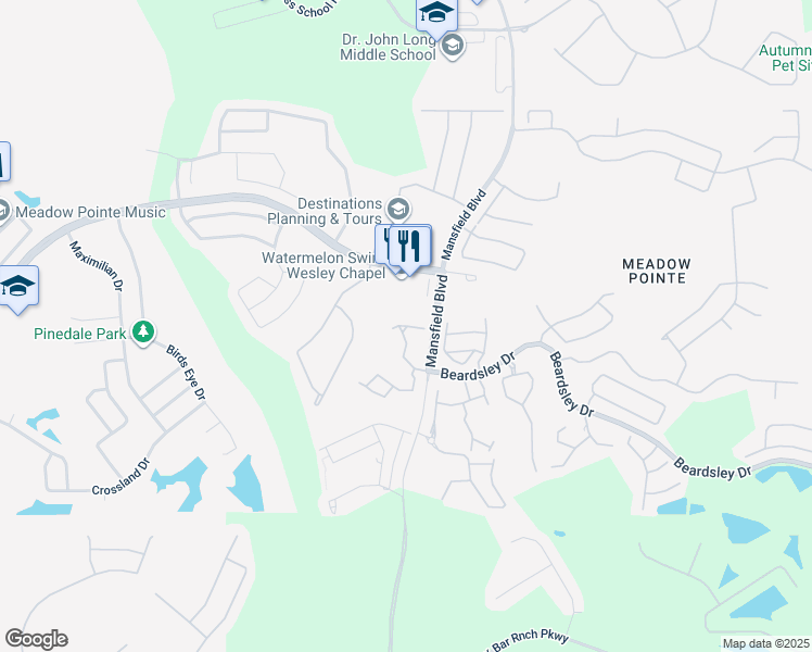 map of restaurants, bars, coffee shops, grocery stores, and more near 30057 Granda Hills Court in Wesley Chapel