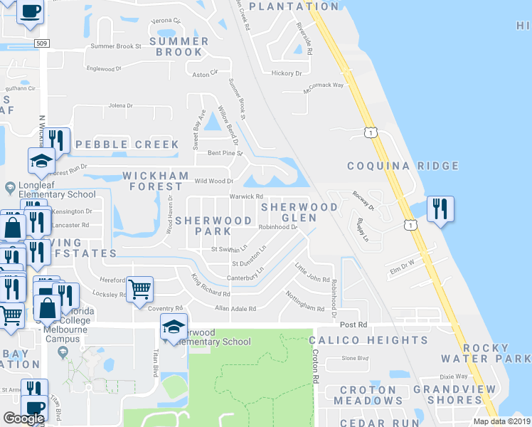 map of restaurants, bars, coffee shops, grocery stores, and more near 4376 Thistleberry Drive in Melbourne