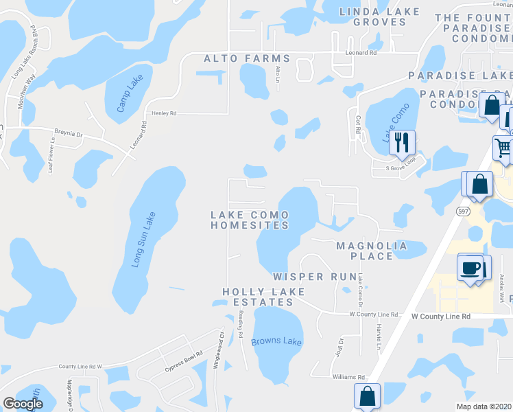 map of restaurants, bars, coffee shops, grocery stores, and more near 20105 Green Grass Lane in Lutz