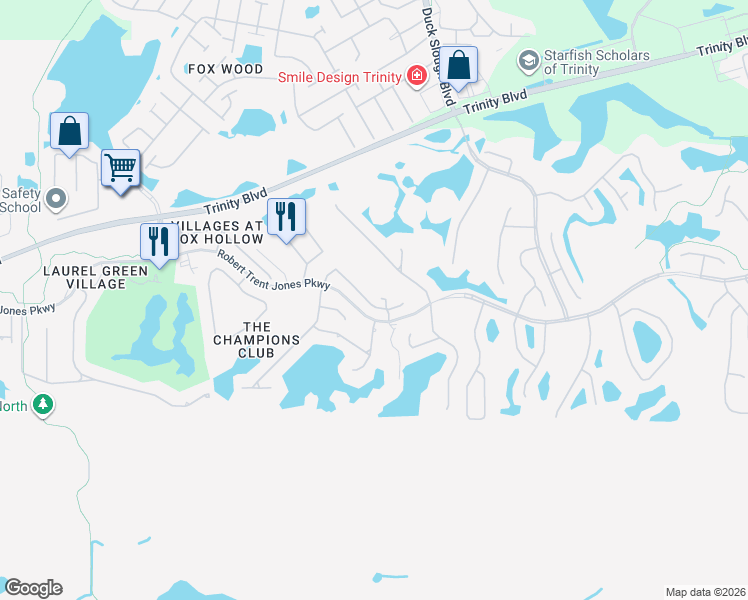 map of restaurants, bars, coffee shops, grocery stores, and more near 10609 Garda Drive in Trinity
