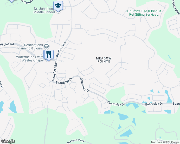 map of restaurants, bars, coffee shops, grocery stores, and more near 30438 Treyburn Loop in Wesley Chapel
