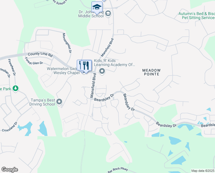 map of restaurants, bars, coffee shops, grocery stores, and more near 1430 Sedgwick Drive in Wesley Chapel