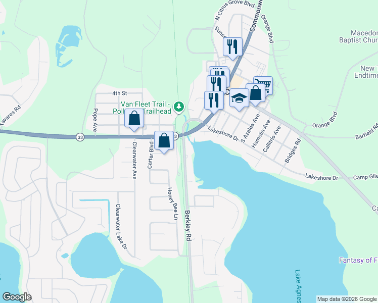 map of restaurants, bars, coffee shops, grocery stores, and more near 7534 Berkley Road in Polk City
