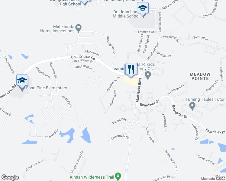 map of restaurants, bars, coffee shops, grocery stores, and more near 1433 Highwood Place in Wesley Chapel