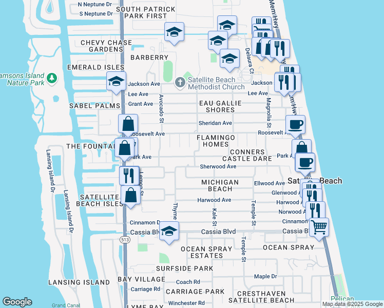 map of restaurants, bars, coffee shops, grocery stores, and more near 470 Sherwood Avenue in Satellite Beach