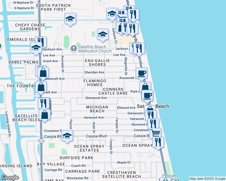 map of restaurants, bars, coffee shops, grocery stores, and more near 260 Park Avenue in Satellite Beach