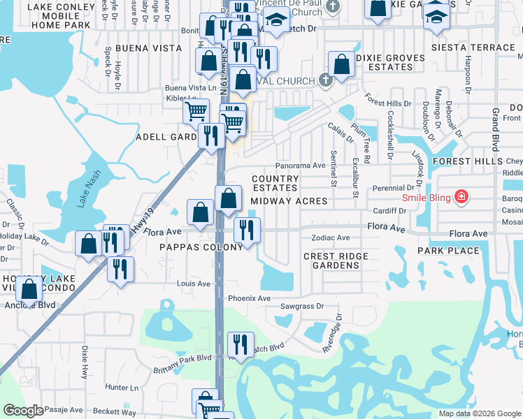 map of restaurants, bars, coffee shops, grocery stores, and more near 1317 Brightwell Drive in Holiday