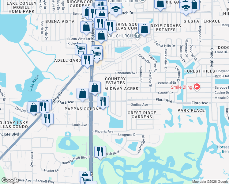 map of restaurants, bars, coffee shops, grocery stores, and more near 1321 Honor Drive in Holiday