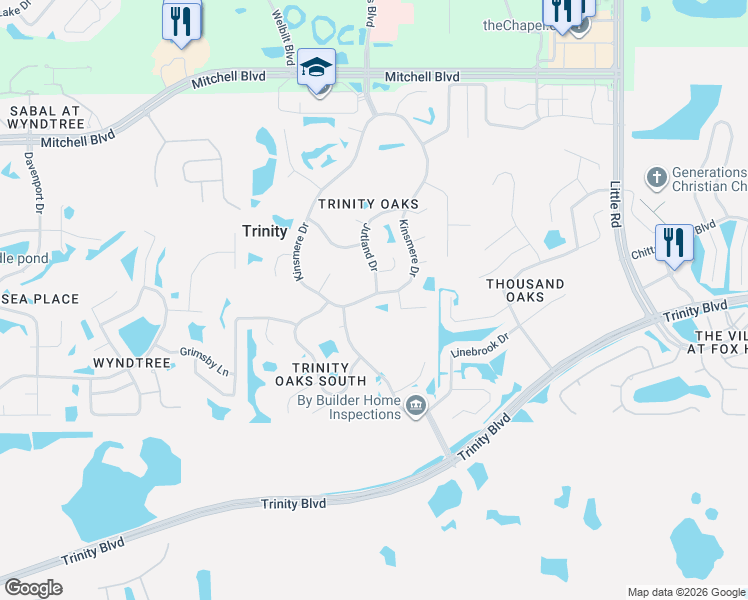 map of restaurants, bars, coffee shops, grocery stores, and more near 1877 Kinsmere Drive in Trinity