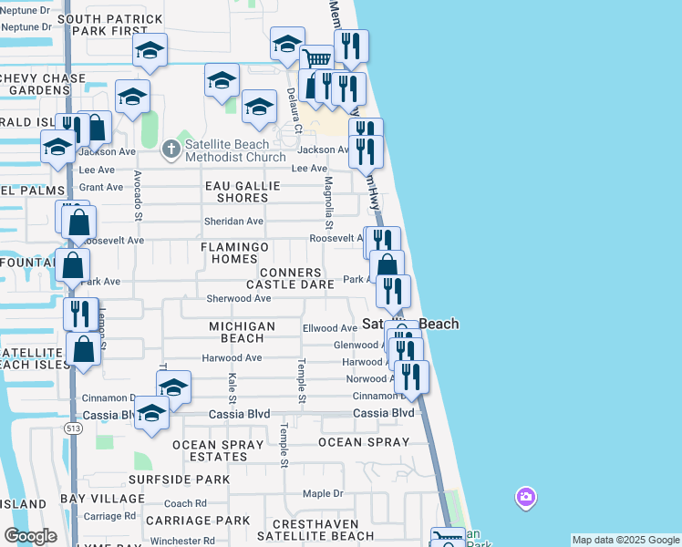 map of restaurants, bars, coffee shops, grocery stores, and more near 160 Park Avenue in Satellite Beach