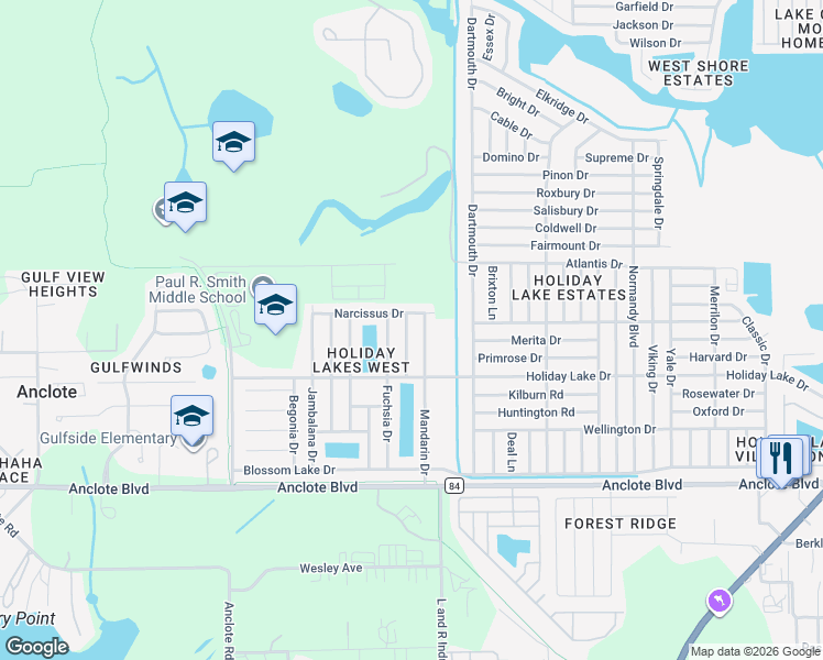 map of restaurants, bars, coffee shops, grocery stores, and more near 1326 Calamondin Drive in Holiday