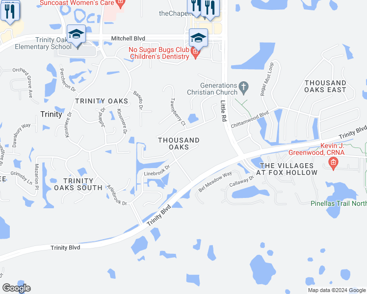 map of restaurants, bars, coffee shops, grocery stores, and more near 8732 Maple Pond Court in New Port Richey