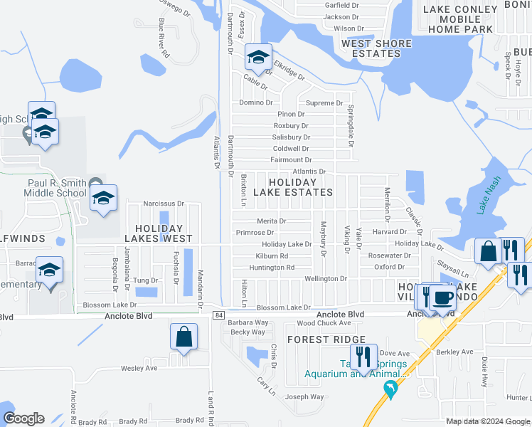 map of restaurants, bars, coffee shops, grocery stores, and more near 3128 Brompton Drive in Holiday