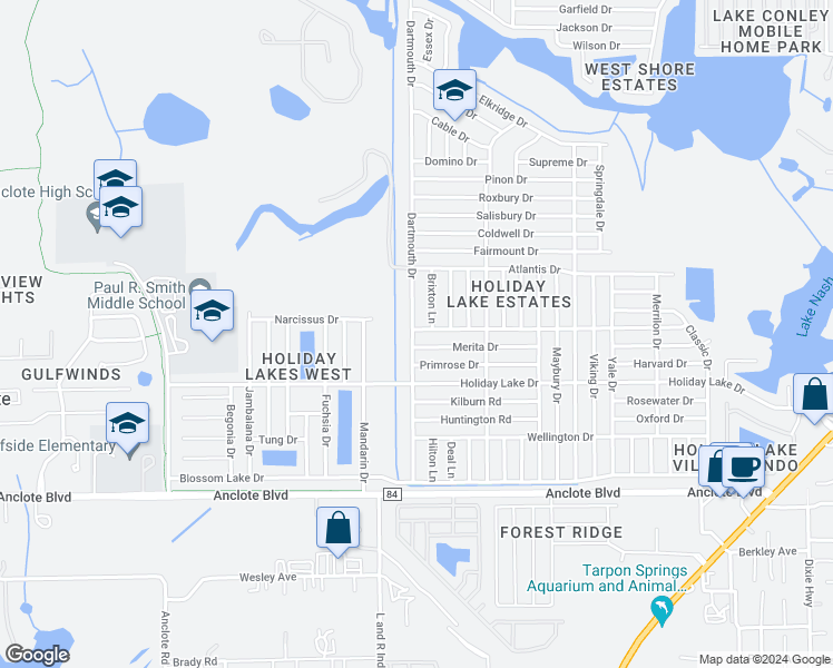 map of restaurants, bars, coffee shops, grocery stores, and more near 3022 Brompton Drive in Holiday