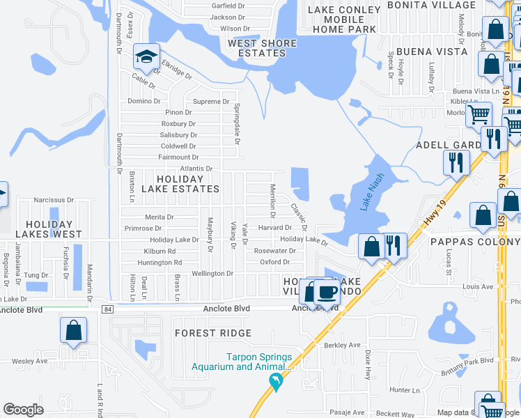 map of restaurants, bars, coffee shops, grocery stores, and more near 3530 Brompton Drive in Holiday