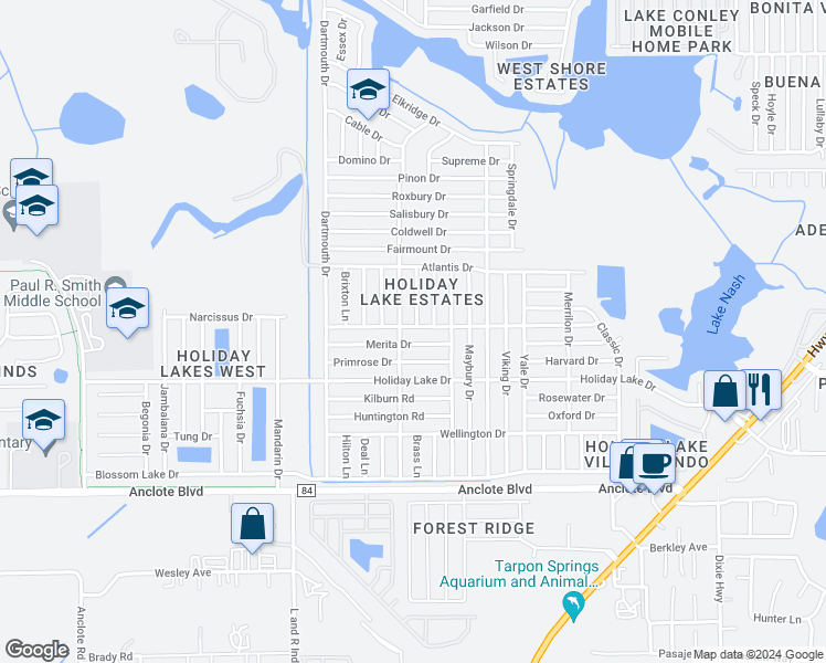 map of restaurants, bars, coffee shops, grocery stores, and more near 3220 Brompton Drive in Holiday