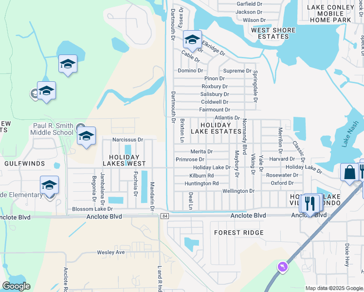 map of restaurants, bars, coffee shops, grocery stores, and more near 3040 Brompton Drive in Holiday