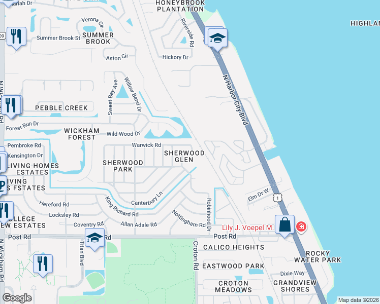 map of restaurants, bars, coffee shops, grocery stores, and more near 2116 Warwick Road in Melbourne
