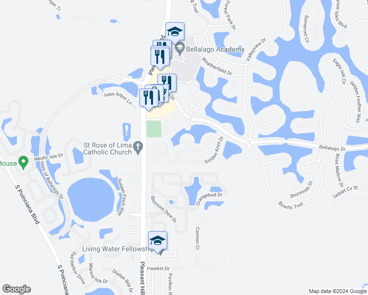 map of restaurants, bars, coffee shops, grocery stores, and more near 3840 Splashview Court in Kissimmee