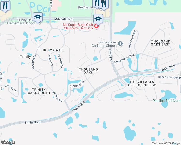 map of restaurants, bars, coffee shops, grocery stores, and more near 8732 Maple Pond Court in Trinity