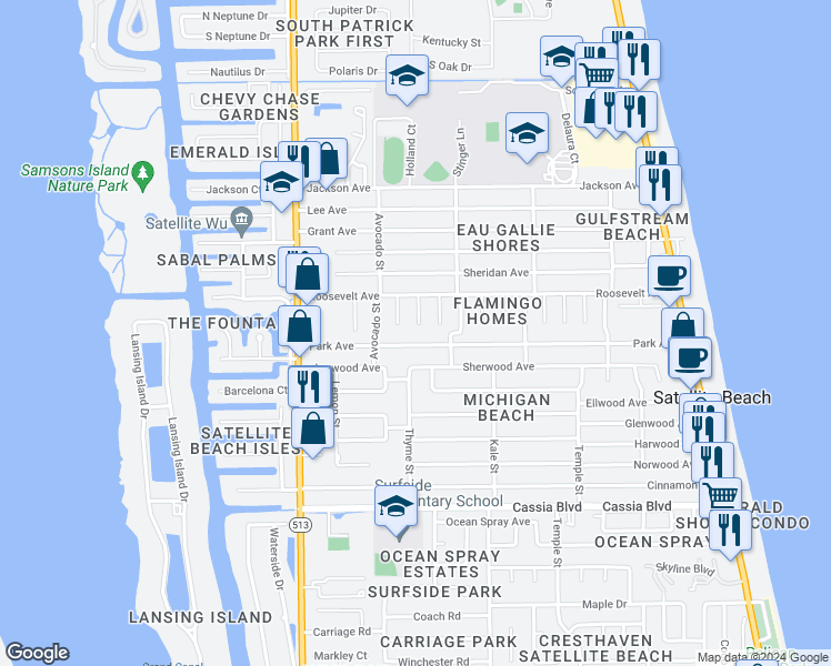 map of restaurants, bars, coffee shops, grocery stores, and more near 240 Hedgecock Court in Satellite Beach