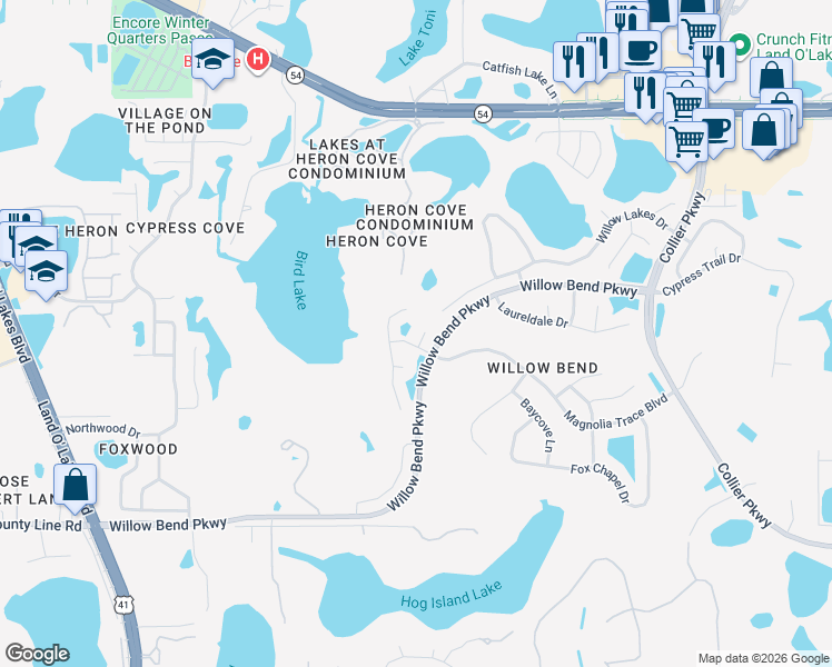 map of restaurants, bars, coffee shops, grocery stores, and more near 1425 Bent Bow Court in Lutz