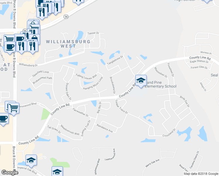 map of restaurants, bars, coffee shops, grocery stores, and more near 28811 Crooked Stick Court in Wesley Chapel
