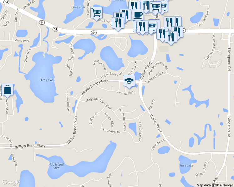 map of restaurants, bars, coffee shops, grocery stores, and more near 22536 Laureldale Drive in Lutz