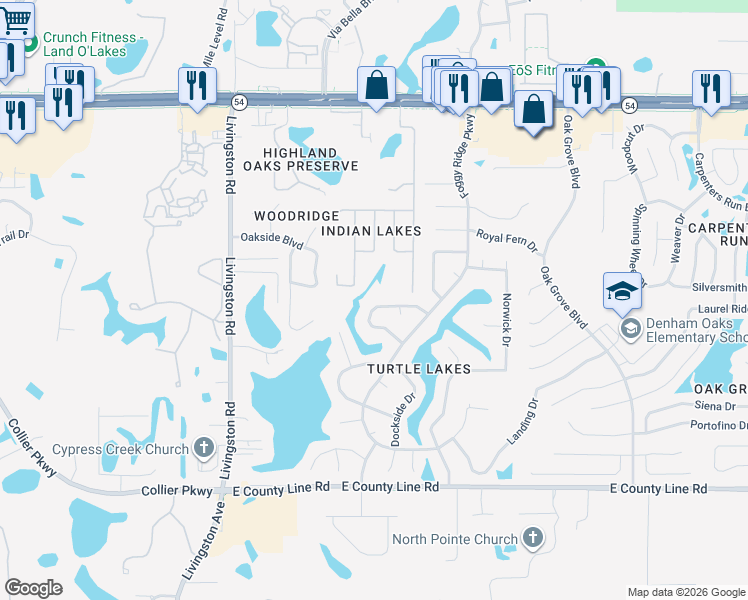 map of restaurants, bars, coffee shops, grocery stores, and more near 1520 Crazy Horse Drive in Lutz
