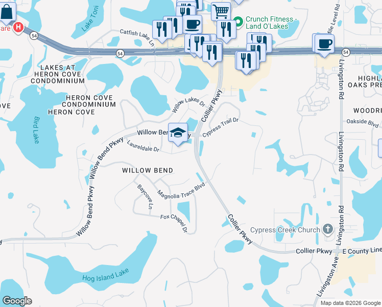 map of restaurants, bars, coffee shops, grocery stores, and more near 22711 Laureldale Drive in Lutz
