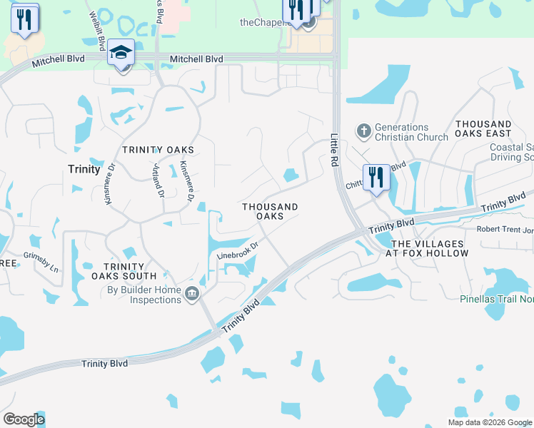 map of restaurants, bars, coffee shops, grocery stores, and more near 8648 Torchwood Drive in Trinity