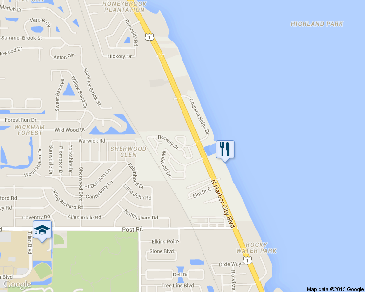 map of restaurants, bars, coffee shops, grocery stores, and more near 4443 Utica Circle in Melbourne