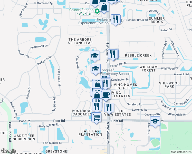 map of restaurants, bars, coffee shops, grocery stores, and more near 4290 North Wickham Road in Melbourne