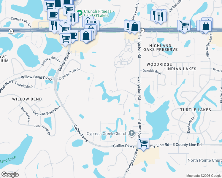 map of restaurants, bars, coffee shops, grocery stores, and more near 23121 Cypress Trail Dr in Lutz