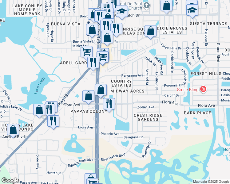 map of restaurants, bars, coffee shops, grocery stores, and more near 1353 Gerard Lane in Holiday