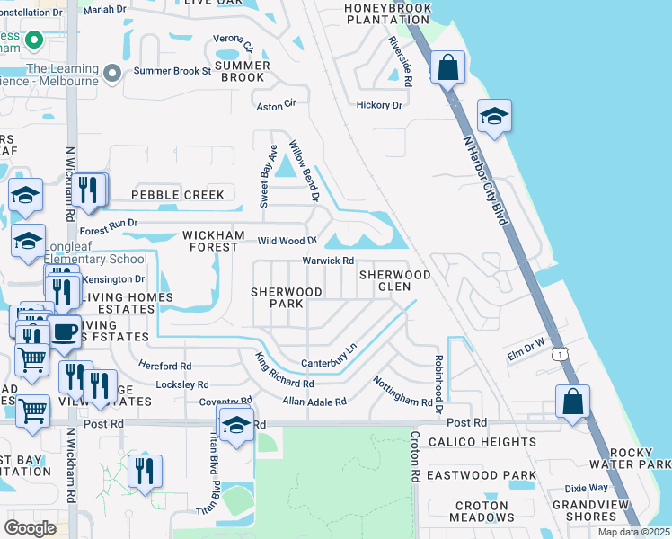 map of restaurants, bars, coffee shops, grocery stores, and more near 4408 Eleanor Drive in Melbourne