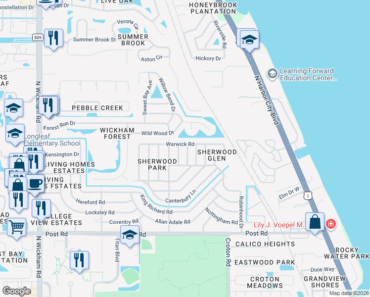 map of restaurants, bars, coffee shops, grocery stores, and more near 4408 Eleanor Drive in Melbourne