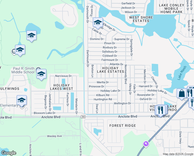 map of restaurants, bars, coffee shops, grocery stores, and more near 3101 Brompton Drive in Holiday