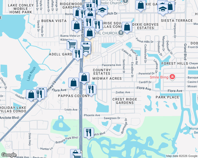 map of restaurants, bars, coffee shops, grocery stores, and more near 1332 Brightwell Drive in Holiday