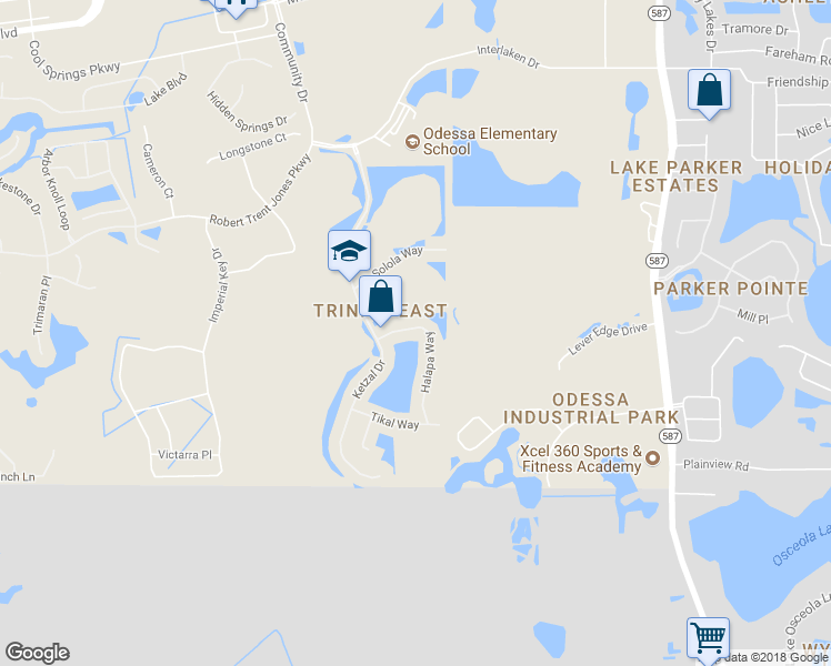 map of restaurants, bars, coffee shops, grocery stores, and more near 1345 Halapa Way in Trinity
