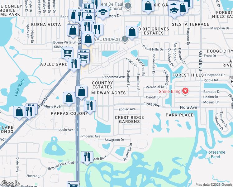 map of restaurants, bars, coffee shops, grocery stores, and more near 4750 Vision Avenue in Holiday