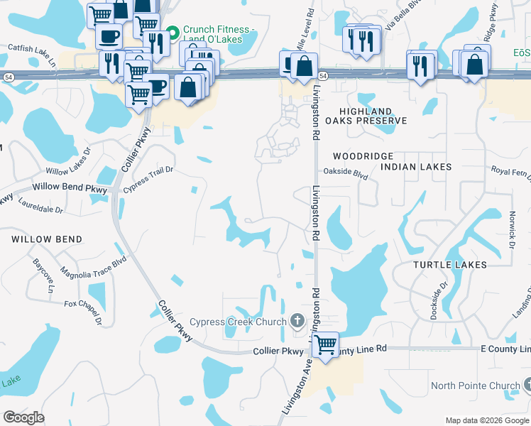 map of restaurants, bars, coffee shops, grocery stores, and more near 1603 Cassius Street in Lutz